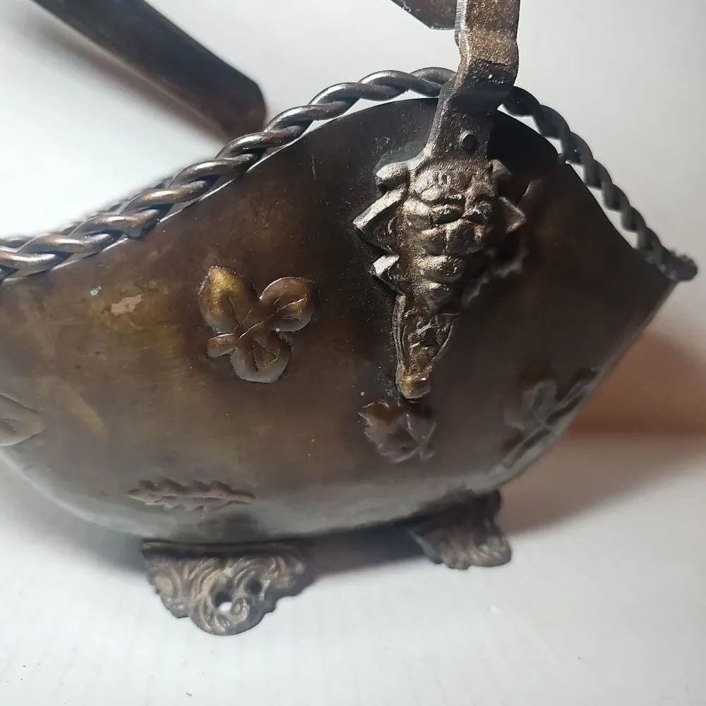Antique Vintage Decorative Brown Metal Basket Embossed Leaves Handle